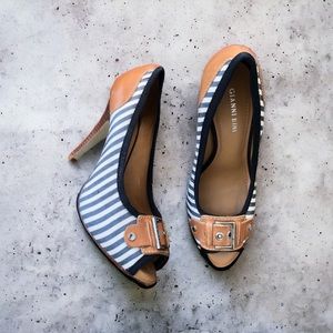 Navy and White Striped Peep Toe Heels